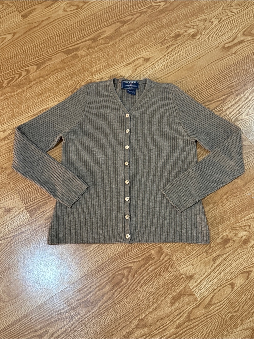 Vintage Polo Sport Taupe Wool and Yak Ribbed V-Neck Button Cardigan